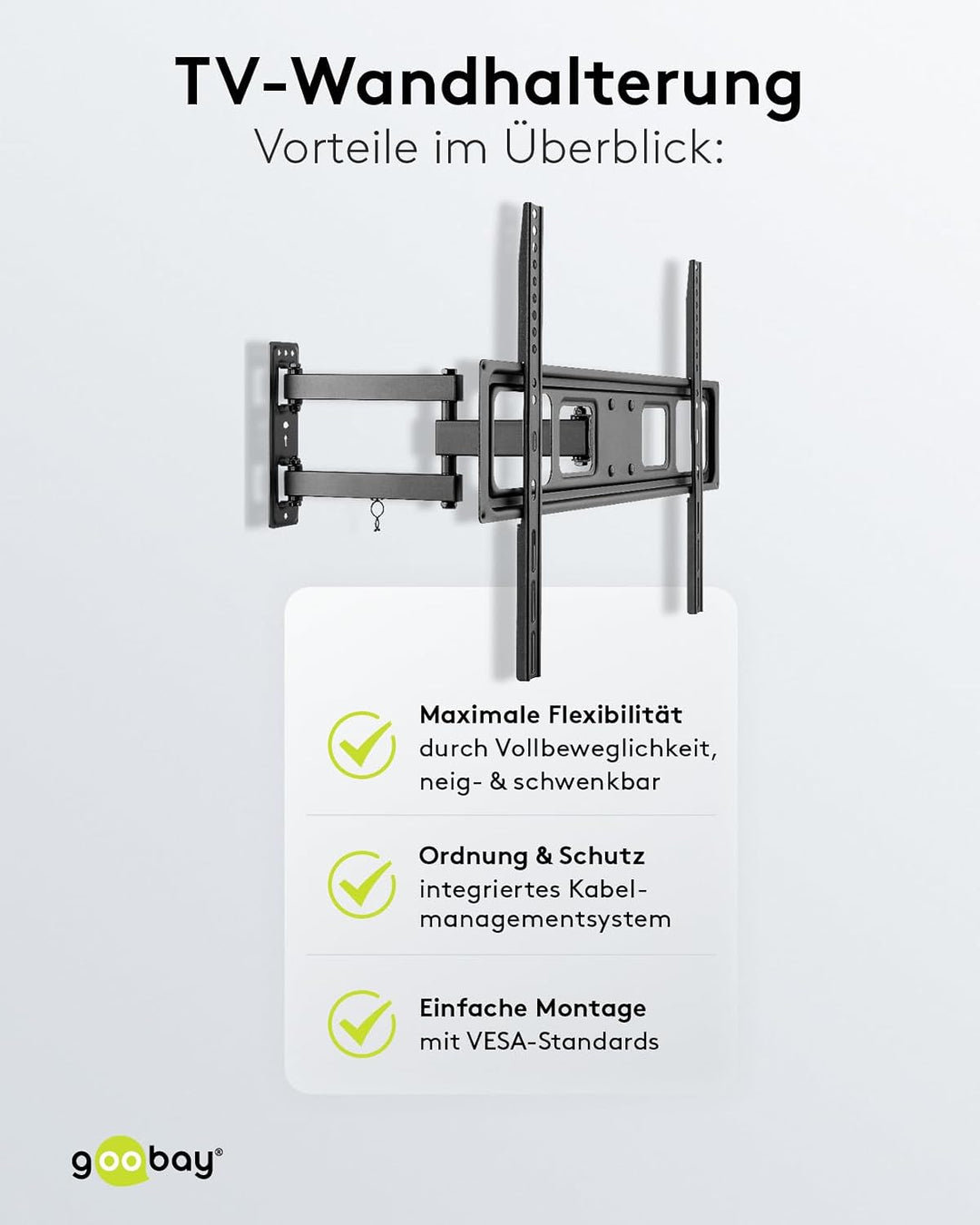 goobay TV-Wandhalterung Fullmotion 37–70 Zoll, schwenkbar ±90°, neigbar, VESA 600x400, bis 35 kg, Ka