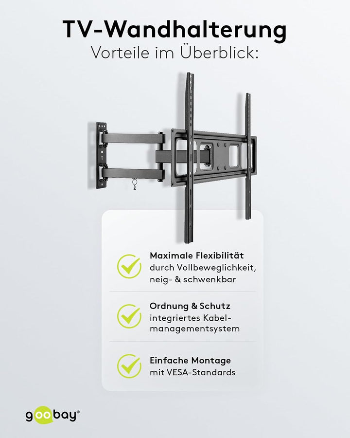 goobay TV-Wandhalterung Fullmotion 37–70 Zoll, schwenkbar ±90°, neigbar, VESA 600x400, bis 35 kg, Ka