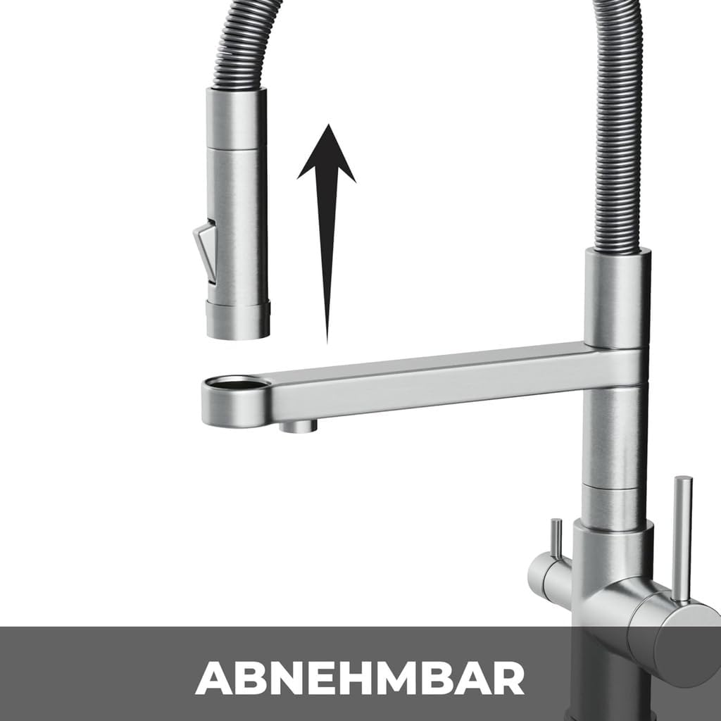 AORA® | STATEMENT INOX 3 Wege Wasserhahn aus Edelstahl 2.0 | 360° drehbare Küchenarmatur aus massive