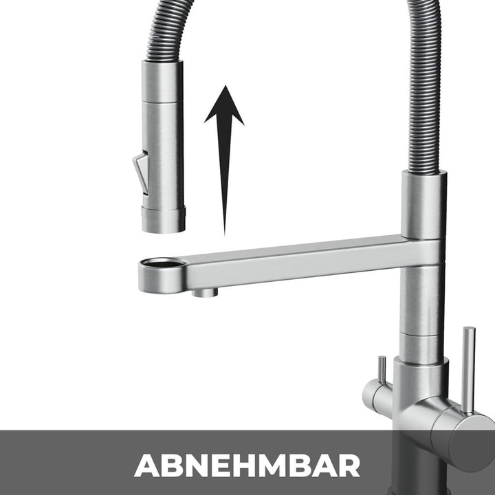 AORA® | STATEMENT INOX 3 Wege Wasserhahn aus Edelstahl 2.0 | 360° drehbare Küchenarmatur aus massive
