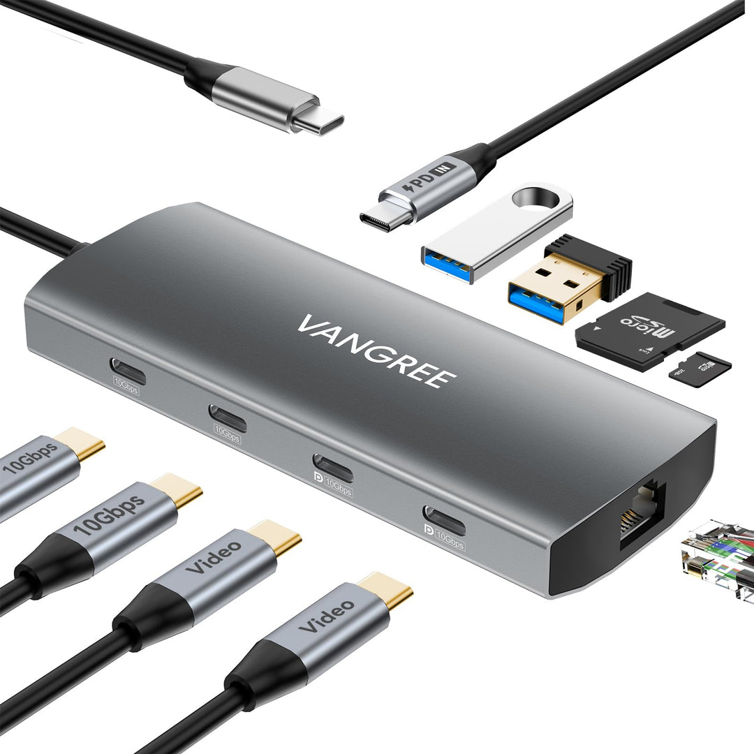 USB-C-Hub mit Dual 4K@60Hz DisplayPorts, 2× USB-A &amp; 2× USB-C 3.2 (10Gbps), Gigabit-Ethernet, 100W PD