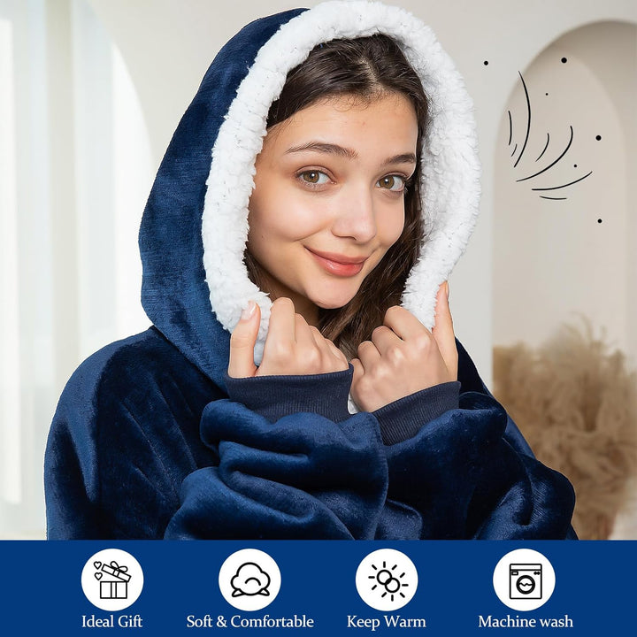 FEELJAM Kuscheldecke mit ärmeln und kapuze hoodie decke tragbare decke navy blu wolldecke mit ärmel