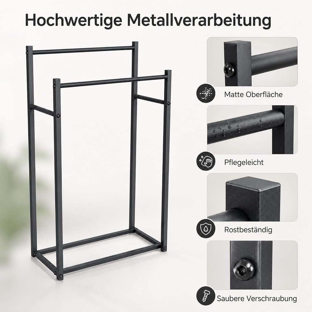 Handtuchständer Freistehend Schwarz - Handtuchhalter ohne Bohren aus Metall - 2-Stufiger Badetuchhal