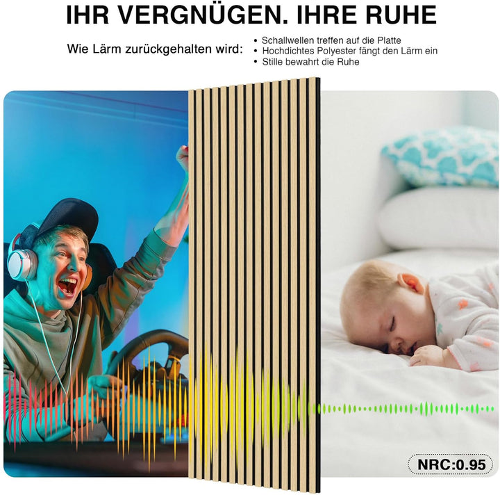 Akustikpaneele Holz 240x60cm(8,64m²),6 Pack Wandpaneele mit Holzfunier & Filz,Holzpaneele Wand für Z