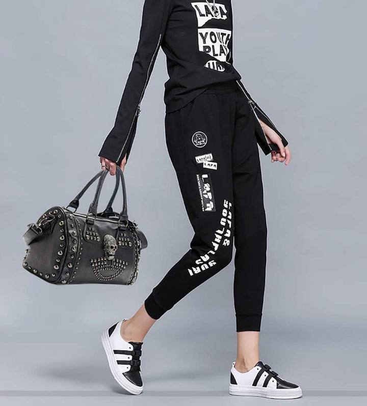 Frauen Mode Nieten Handtasche Geldbörse Leuchtende Leinwand Punk Tote mit Schultergurt Crossbody Tas