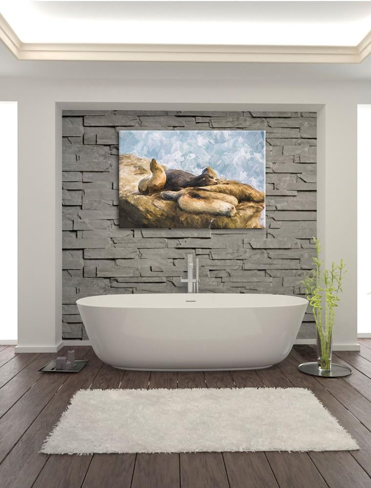 Pixxprint Gruppe von Seelöwen an Einer Bucht als Leinwandbild/Grösse: 100x70 / Wandbild/Kunstdruck/f