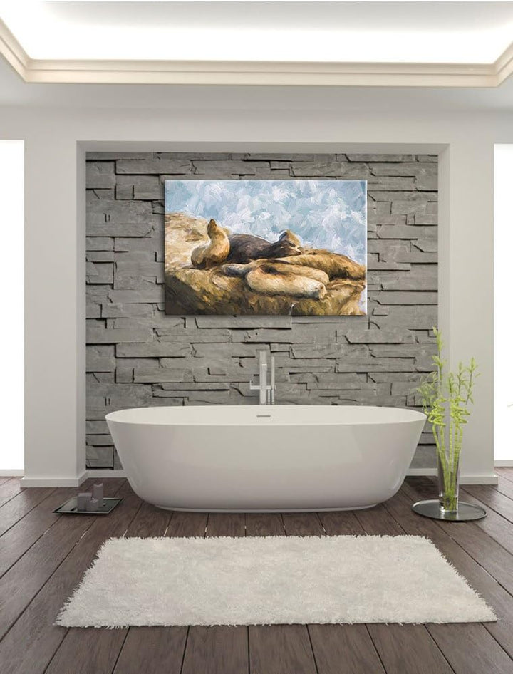 Pixxprint Gruppe von Seelöwen an Einer Bucht als Leinwandbild/Grösse: 100x70 / Wandbild/Kunstdruck/f