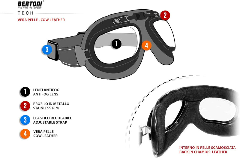 Bertoni Motorradbrille mit Echtes Schwarz Kalbsleder - Stahlrahmen Schultzbrille Helmbrillen - AF191