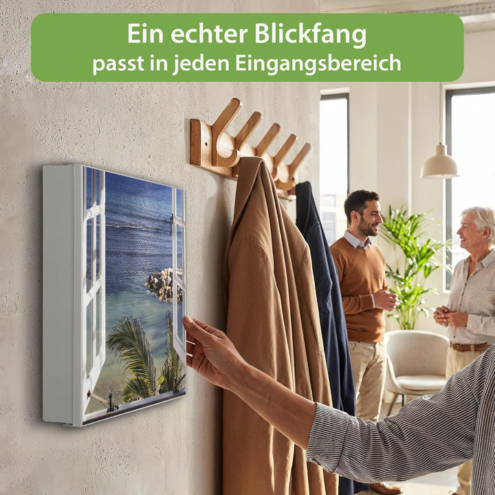 banjado® Grosser Schlüsselkasten Glas/Schlüsselbox 30cm x 30cm mit 50 Haken - Motiv Ausblick/Schlüss