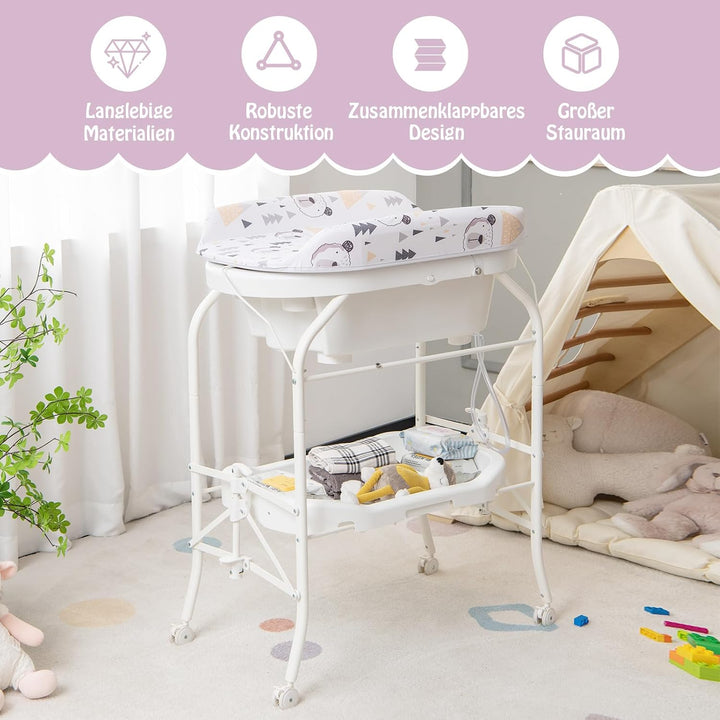 DREAMADE 2 in 1 Wickeltisch & Badewanne mit Gestell, Wickeltisch Klappbar, Wickelkommode auf Rollen