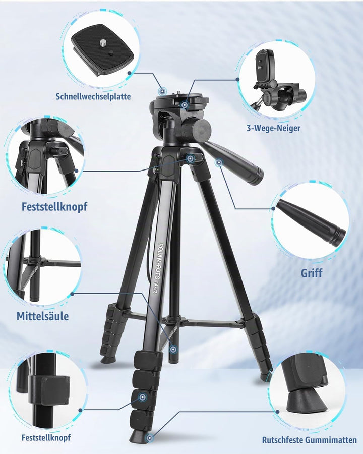 172 cm Leichtes Handy-Stativ, Aluminium-Stativ, Mit 3-Wege-Panoramakopf und Handyhalterung, Geeignet