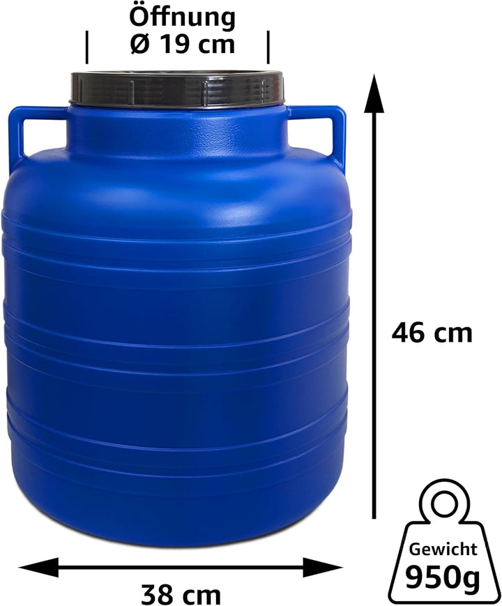 plasteo® 40 Liter Weithalsfass mit Deckel und Henkel Rund Blau, Lebensmittelecht und BPA-Frei, Futte