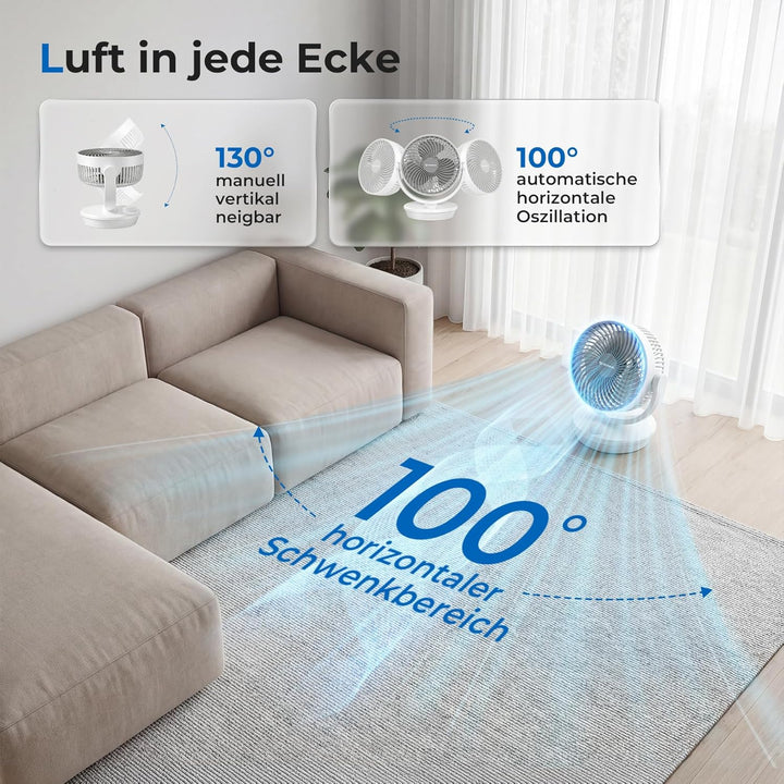 Aeroll Ventilator Leise, Tischventilator, 3D Turbo-Luftzirkulator mit 3 Geschwindigkeitsstufen, 130°