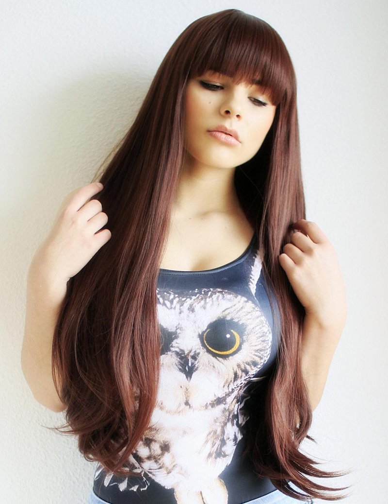 Prettyland C865 - Langhaar Perücke Braun 75cm Lang Glatt Viel Volumen Gerader Pony Wig