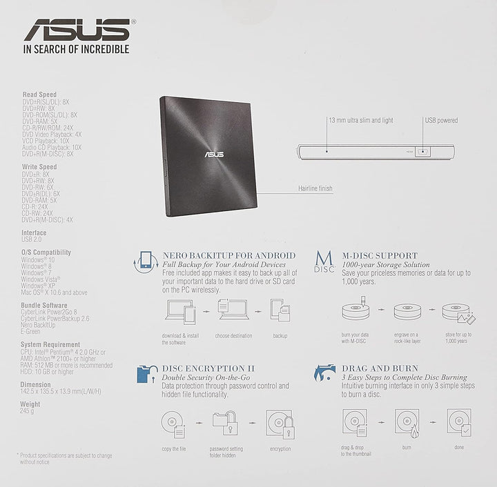Asus Zendrive U7M SDRW-08U7M-U CD/DVD-Laufwerk/-Brenner, DVD-R/DVD-RW 24, 24, 8, 8