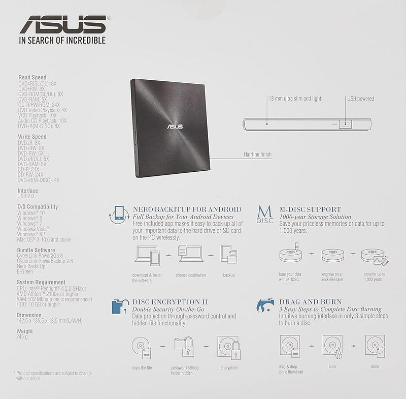 Asus Zendrive U7M SDRW-08U7M-U CD/DVD-Laufwerk/-Brenner, DVD-R/DVD-RW 24, 24, 8, 8