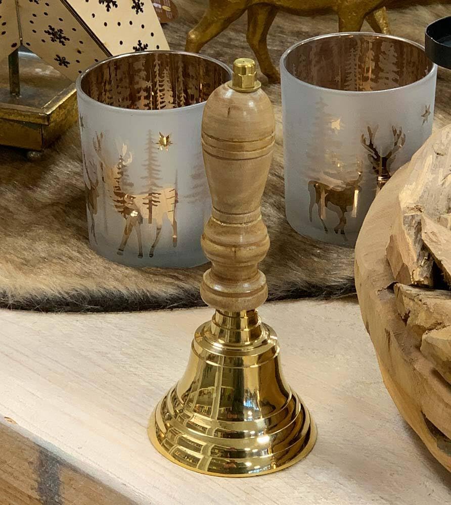 zeitzone Handglocke Messing Gold mit Holzgriff lauter Klang Schule Weihnachten 19 cm, 19 cm