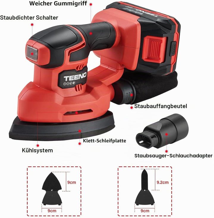 TEENO Akku-Schleifmaschine 3-in-1, 20 V, Delta-Schleifer mit 2 A Akku, 13000 U/min, Detailschleifer
