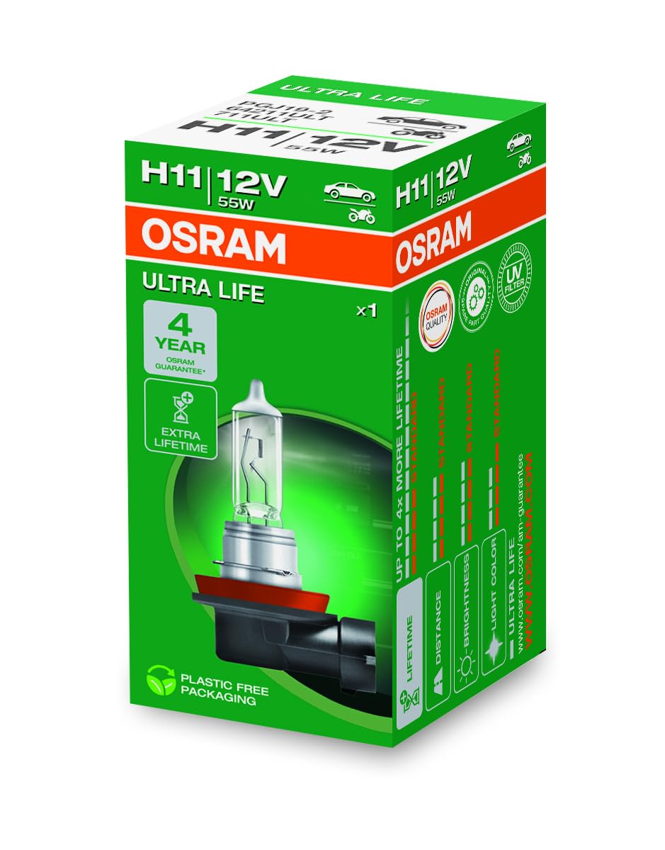 Osram ULTRA LIFE H11, Halogen-Scheinwerferlampe, 64211ULT, 12V PKW, Faltschachtel (1 Stück) H11 Falt