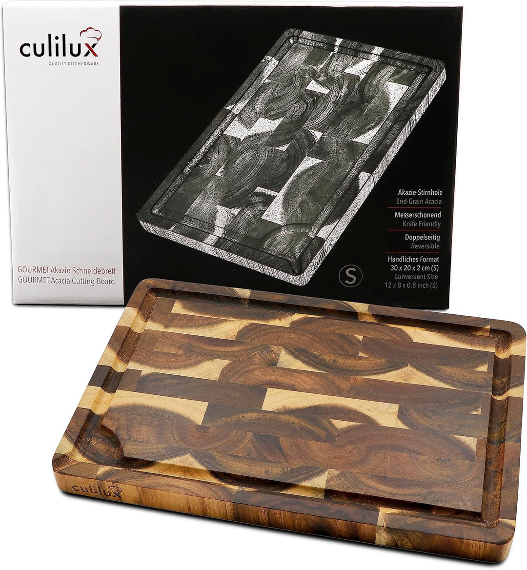 CULILUX® Gourmet Schneidebrett S Stirnholz Akazie 2-seitig 30 x 20 x 2 cm mit Saftrille antiseptisch