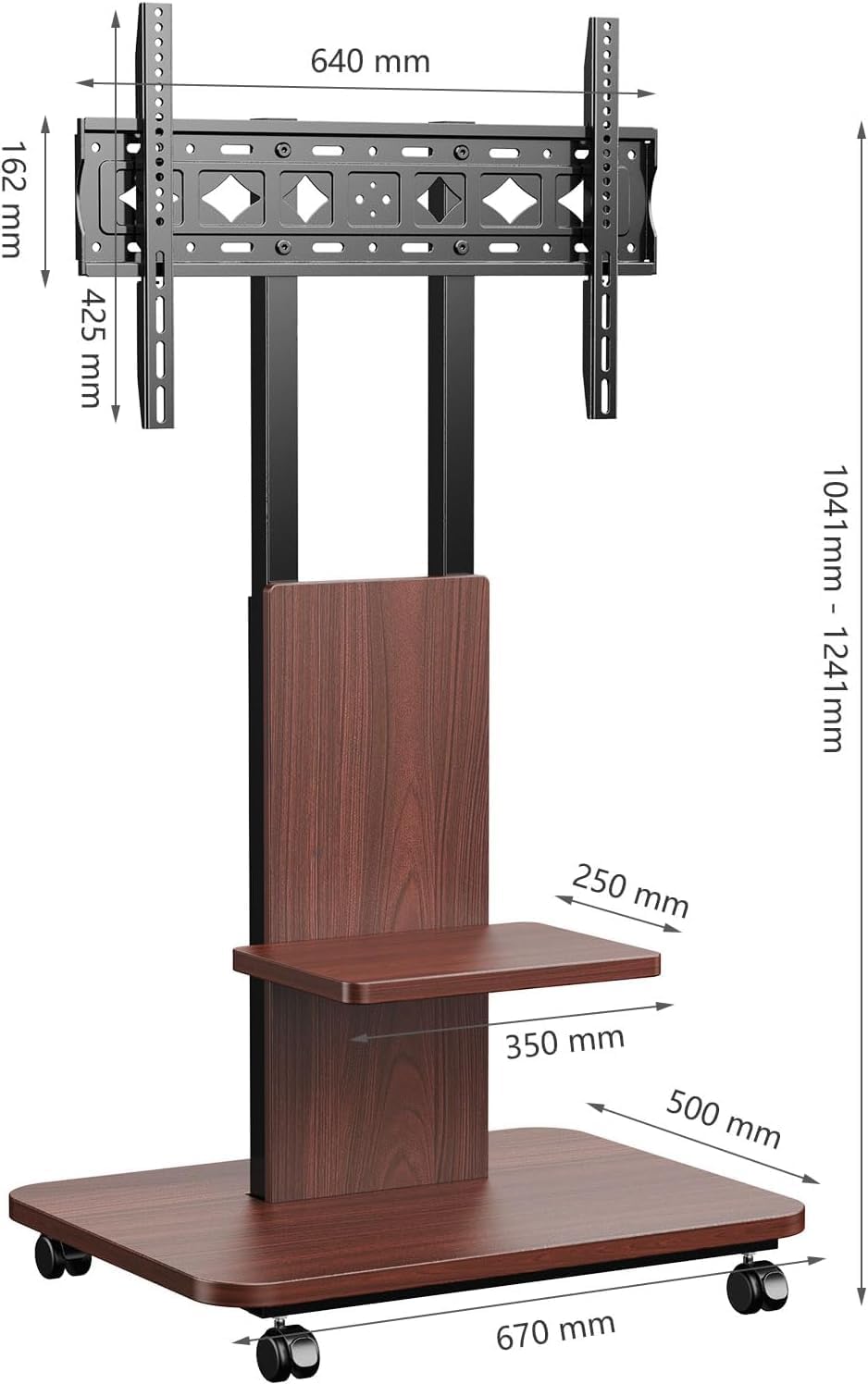 TV Ständer Rollbar mit Holzablage, Fernsehständer auf Rollen für 32-75 Zoll Fernseher, TV Bodenständ