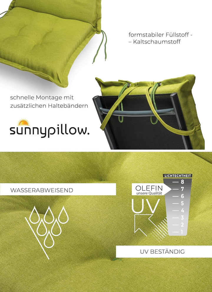 sunnypillow 6 Stück Gartenstuhlauflagen mit abnehmbarem Kopfpolster - 120 x 50 x 9cm - Stuhlauflagen