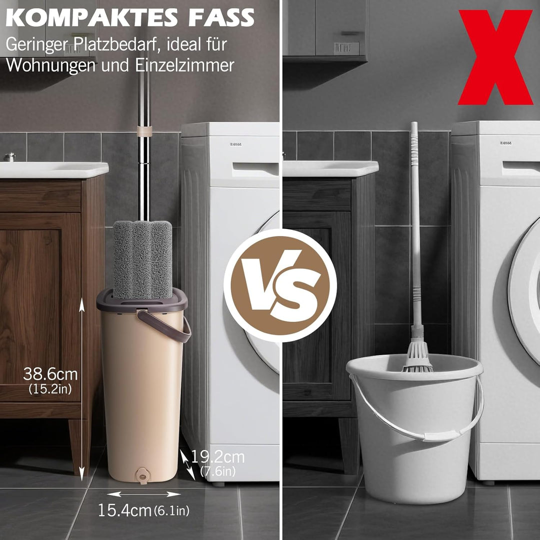 MASTERTOP Wischmopp Set mit Eimer, 138cm Flachmopp mit Edelstahlgriff und 6 Mikrofaser Moppkopf, Han