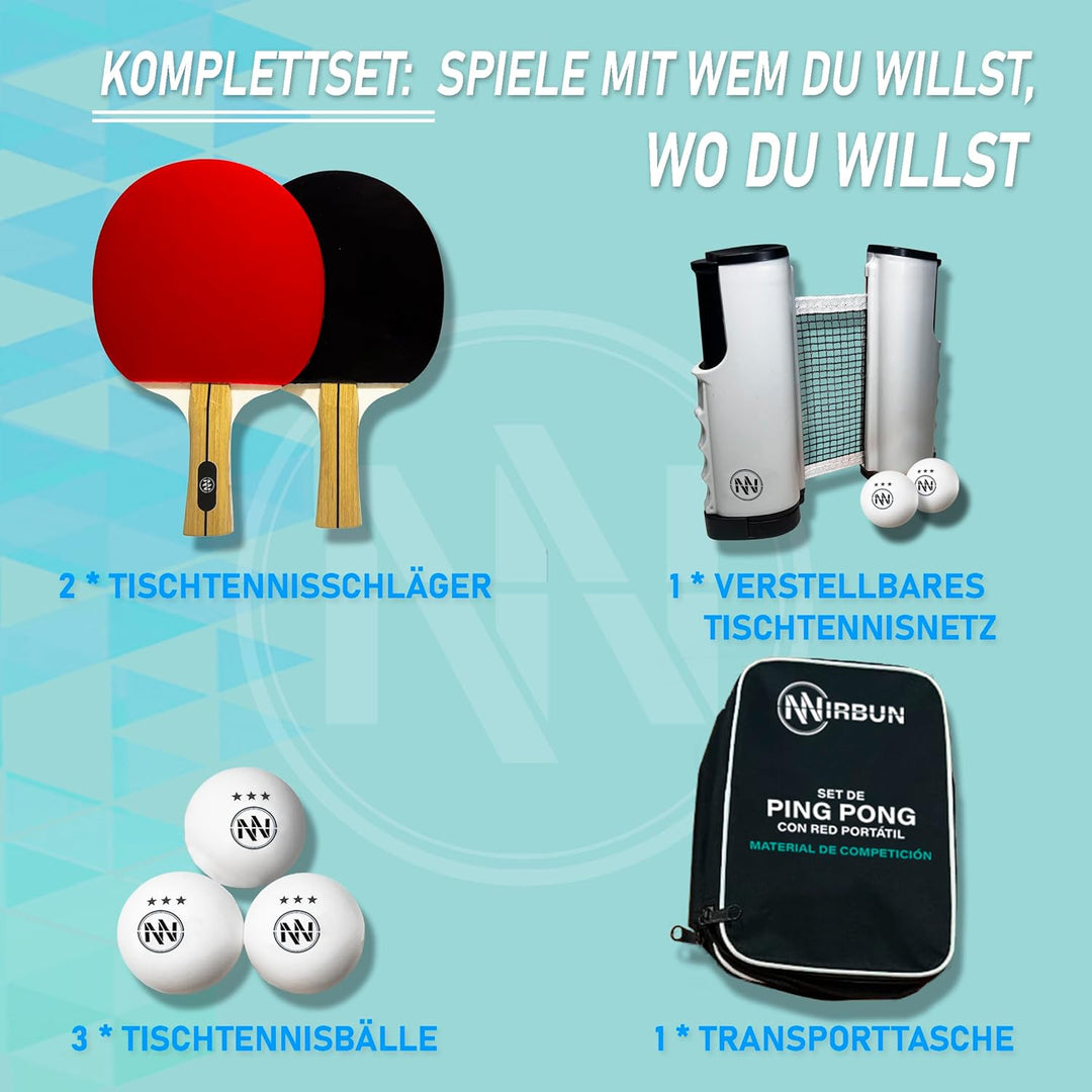 NIRBUN Tischtennisschläger Set mit ausziehbarem Netz, Tischtennisschläger Profi, 3-Sterne-Tischtenni