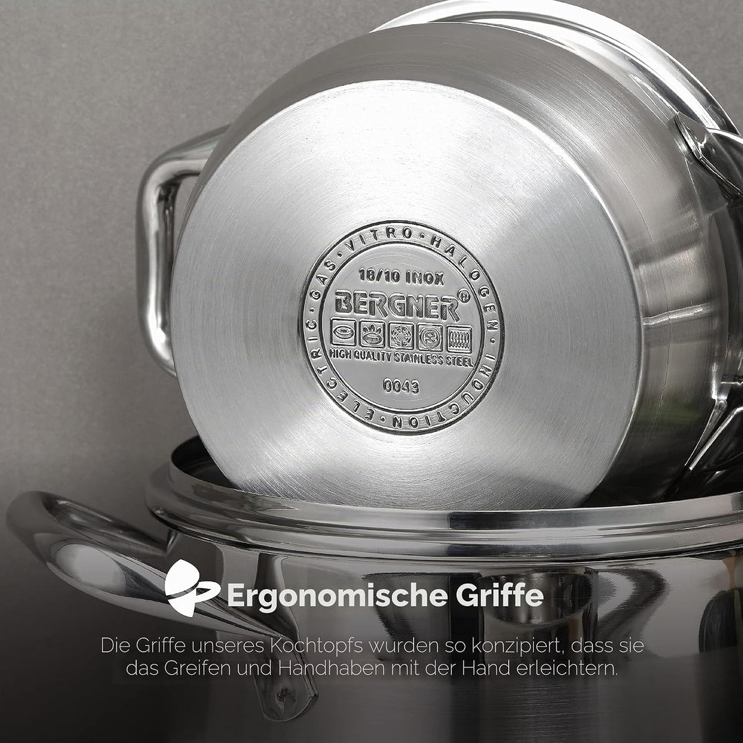 BERGNER Gourmet | Kochtopf mit Glasdeckel | 8 L Fassungsvermögen | Aus Edelstahl | Ergonomische Grif