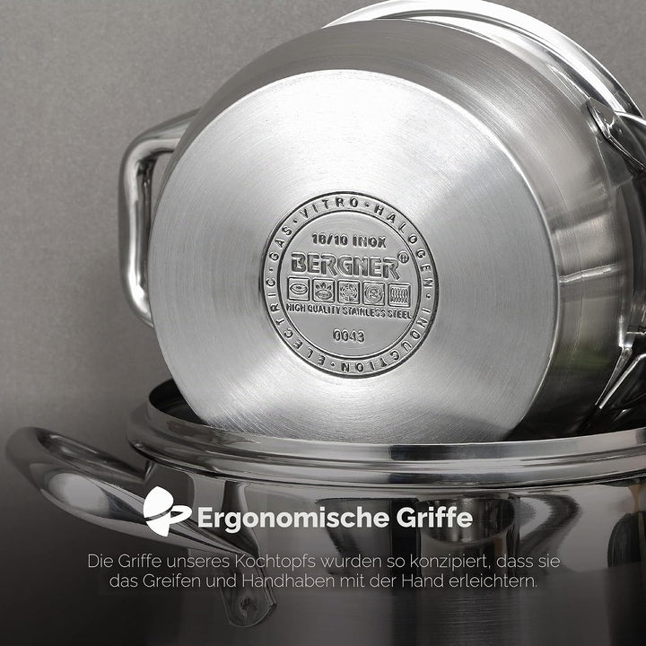 BERGNER Gourmet | Kochtopf mit Glasdeckel | 8 L Fassungsvermögen | Aus Edelstahl | Ergonomische Grif