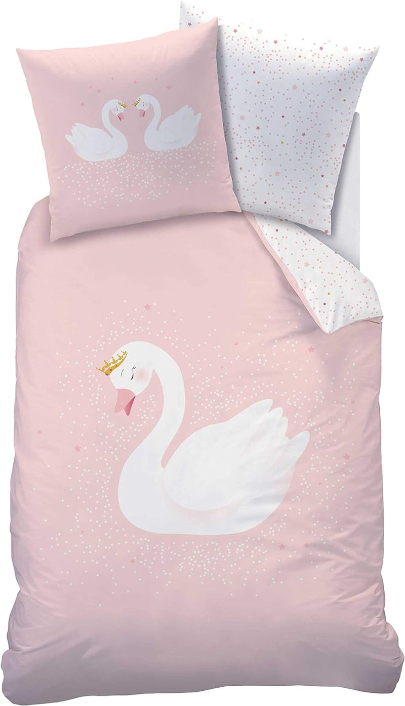 CTI Bettwäsche 135x200cm + 80x80 cm 100% Baumwolle Wendebettwäsche Schwan mit Stern Krone rosa