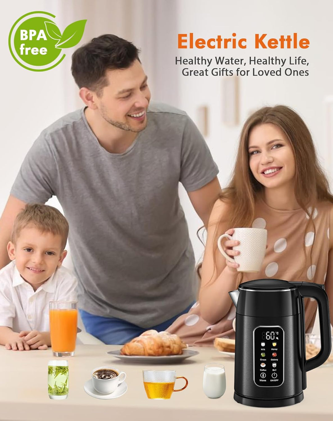 Wasserkocher mit Temperatureinstellung, 1,7L 2200W Elektrisch Edelstahl Wasserkocher mit 6 Temperatu