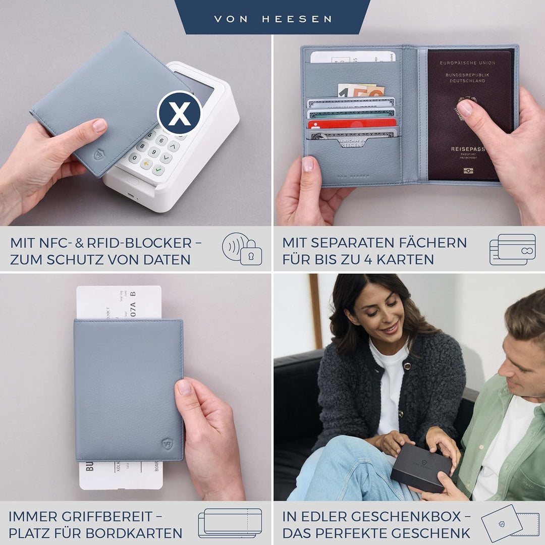 VON HEESEN® Reisepasshülle Leder Etui mit RFID-Schutz - Passhülle Passport Reisepass Mappe Hülle Org
