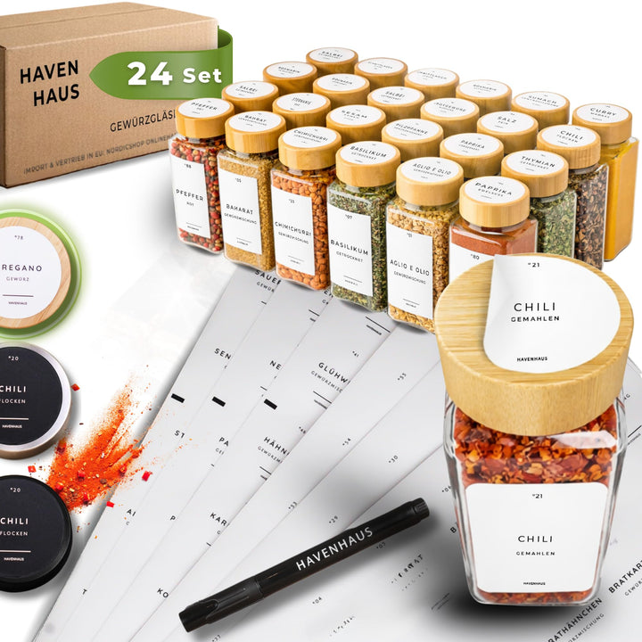 Havenhaus Premium Gewürzgläser Set Bambus | 24 Gewürz Organizer inkl. 336 deutschen Gewürzetiketten