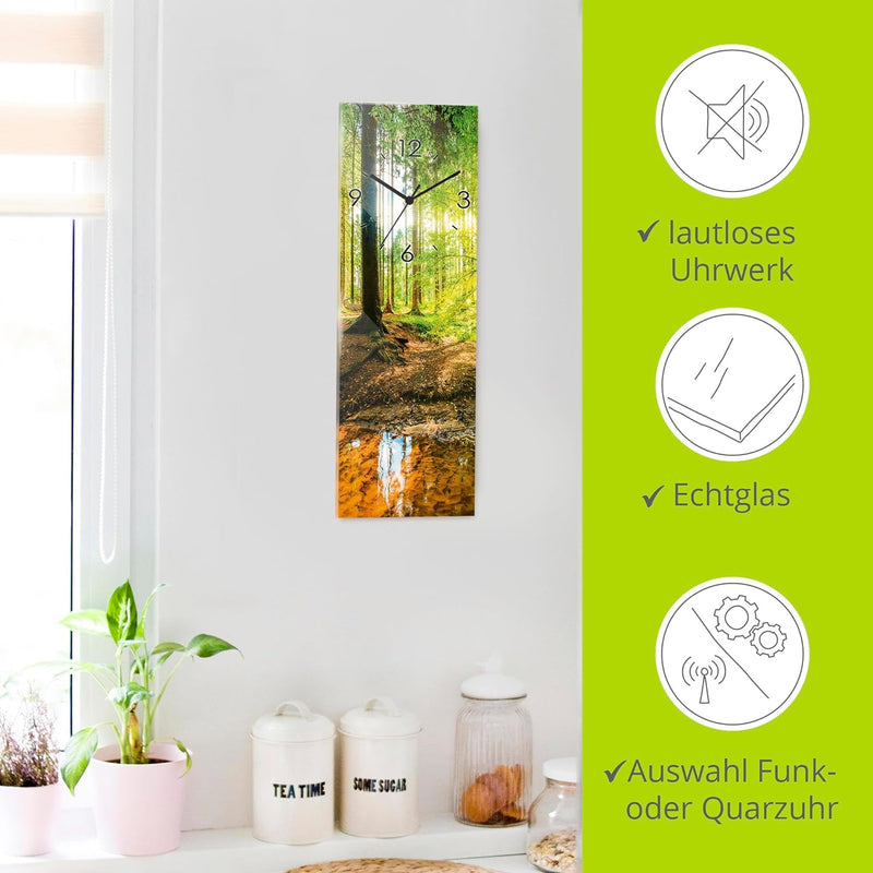 ARTLAND Wanduhr ohne Tickgeräusche Glas Quarzuhr 20x60 cm Rechteckig Lautlos Wald Bach Landschaft Na