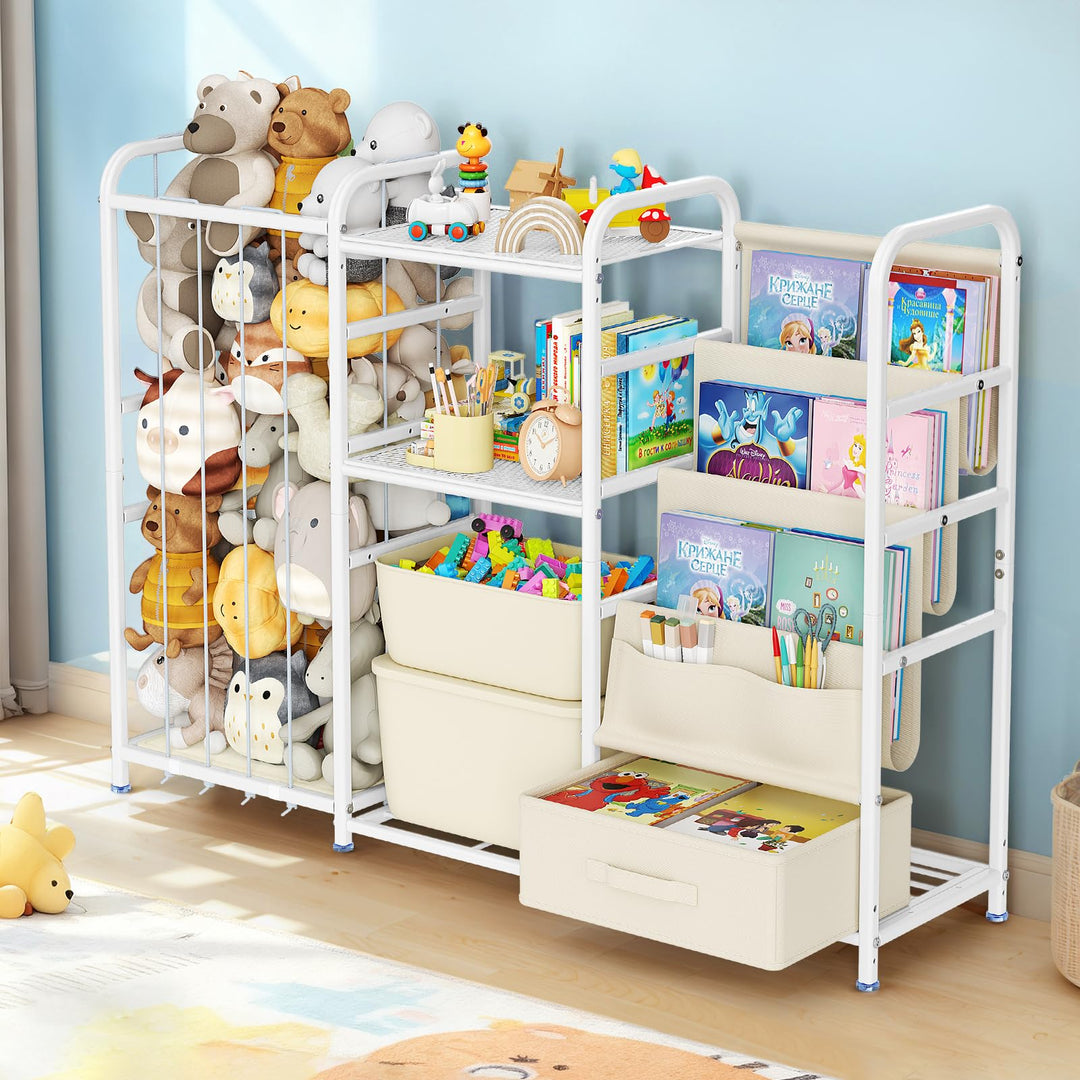 3-in-1 Kinderregal, Spielzeug-Organizer & Bücherregal mit Rädern, Spielzeugkiste & Aufbewahrung für
