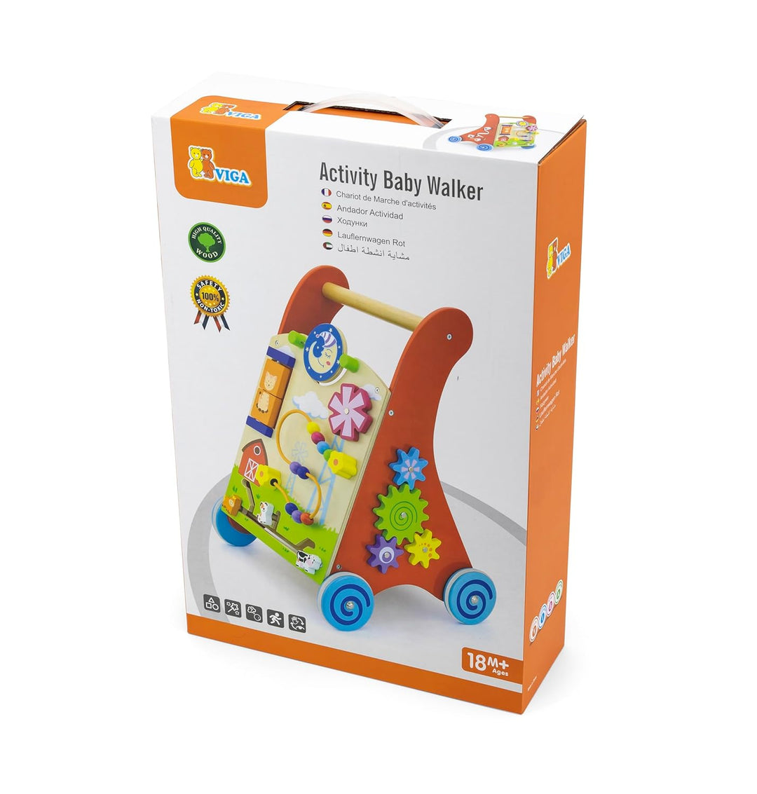 Lauflernwagen Lauflerner, Activity Babywalker mit Motorikbrett aus FSC-Holz, mit Gummilaufringen und