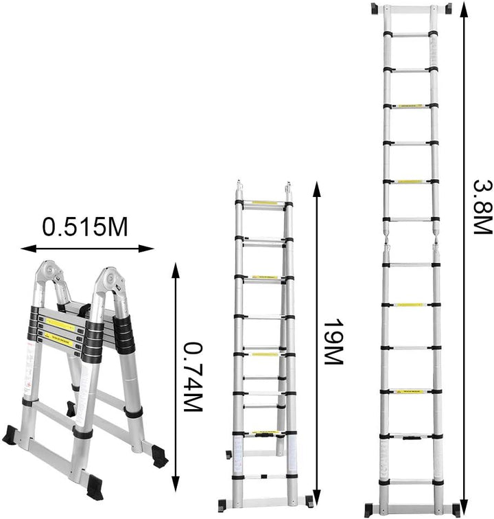 Eulenke 3,8M (1.9+1.9M) Teleskopleiter - Rutschfester Multifunktionsleiter 150 kg Belastbarkeit - Al