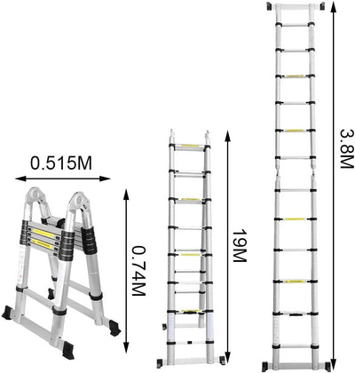 EINFEBEN 3.8M Teleskop Klappleiter, Aluminium Teleskopleiter, Groosse Anwendbarkeit Multifunktionsle