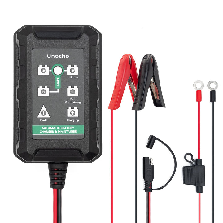 Unocho Automatisches Smart-Ladegerät für 6V 12V Blei-Säure-Batterien 14,4V LiFePO4 Lithium-Batteriel