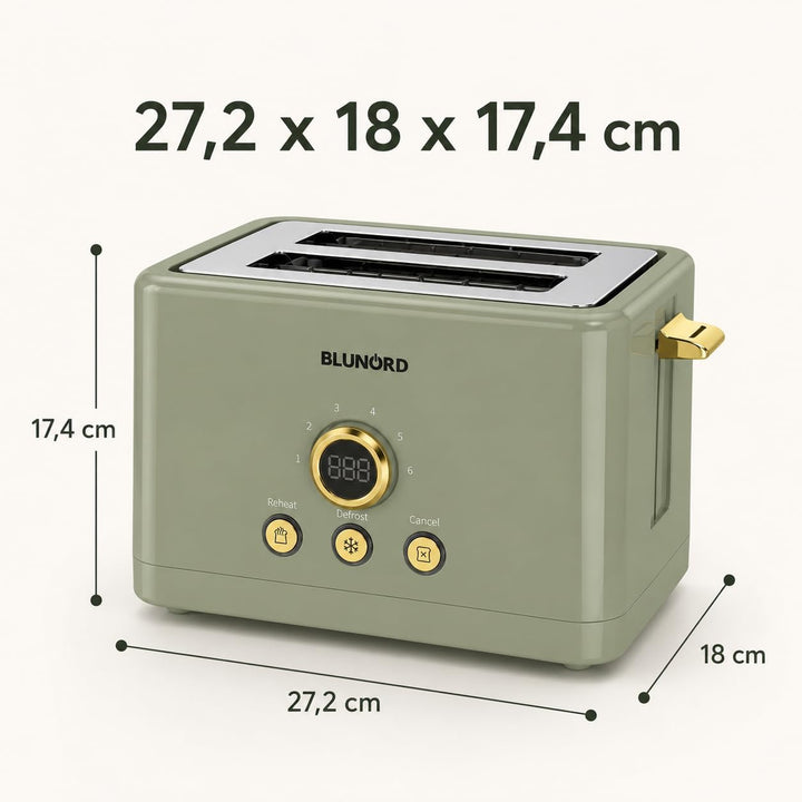 Toaster mit 2 Scheiben, digital, grün, 750 – 850 W, LED-Display, 6 Bräunungsstufen, Auftau- und Aufw