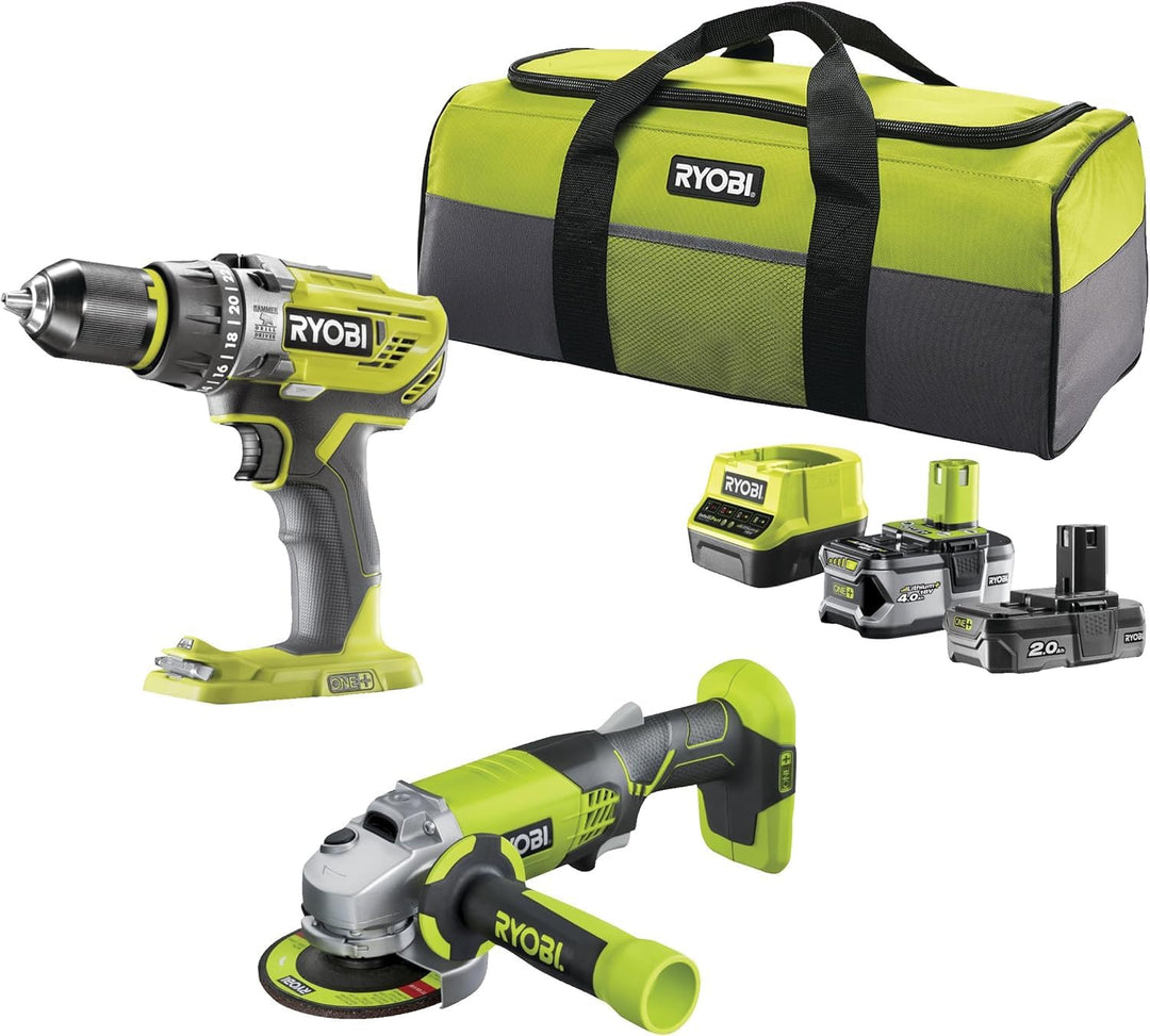 Ryobi Pack: 18 V Bohrer, Schleifmaschine, kabellos, 2 Lithium-Batterien + One, (2,0 Ah + 4,0 Ah), Tr