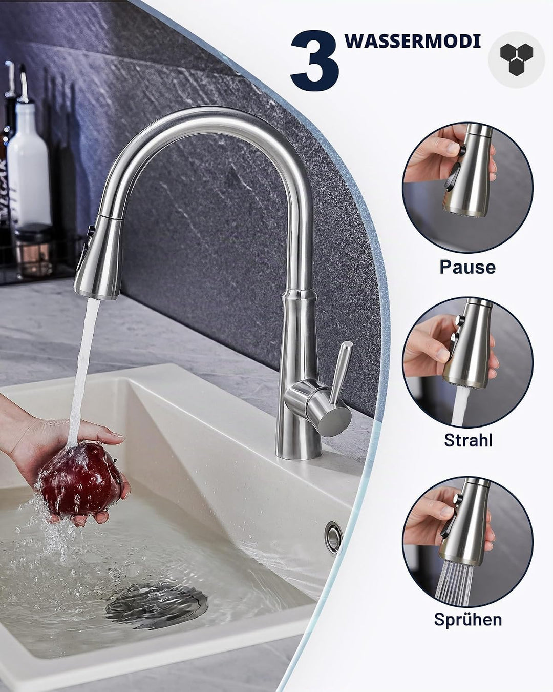 Wasserhahn Küche, Hochdruck Küchenarmatur Ausziehbar,360° Schwenkbar Armatur Küche Mischbatterie mit