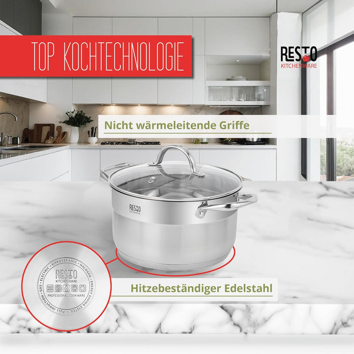 RESTO Edelstahl 18/10 Kochtopf Suppentopf Bratentopf - für alle Herdarten - Topf mit hitzebeständige