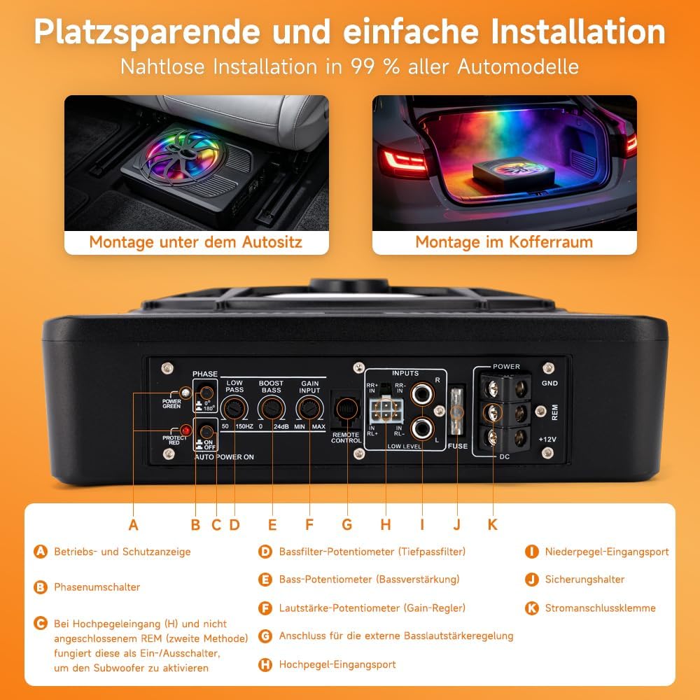 1200W 10 Zoll Slim Aktiv Subwoofer Auto mit APP Steuerung und Farblicht,12V Untersitz Auto Subwoofer
