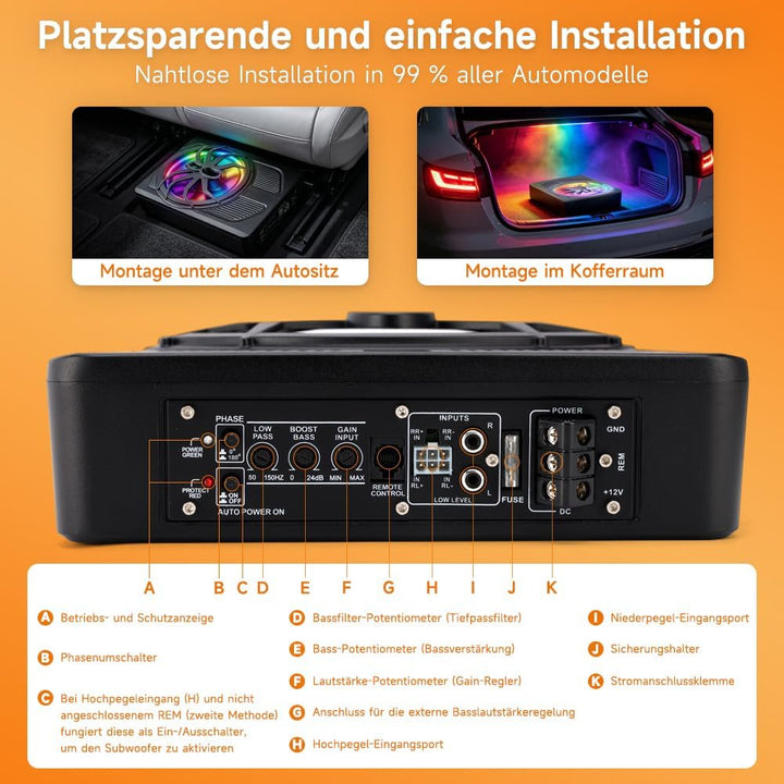 1200W 10 Zoll Slim Aktiv Subwoofer Auto mit APP Steuerung und Farblicht,12V Untersitz Auto Subwoofer