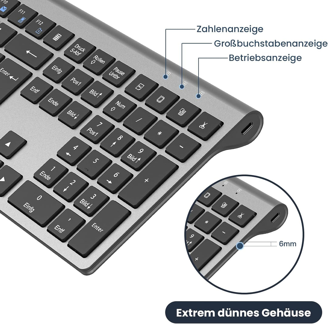 cimetech Kabellose Tastatur Kabellos Deutsches QWERTZ Layout Wireless Keyboard Wiederaufladbare Full
