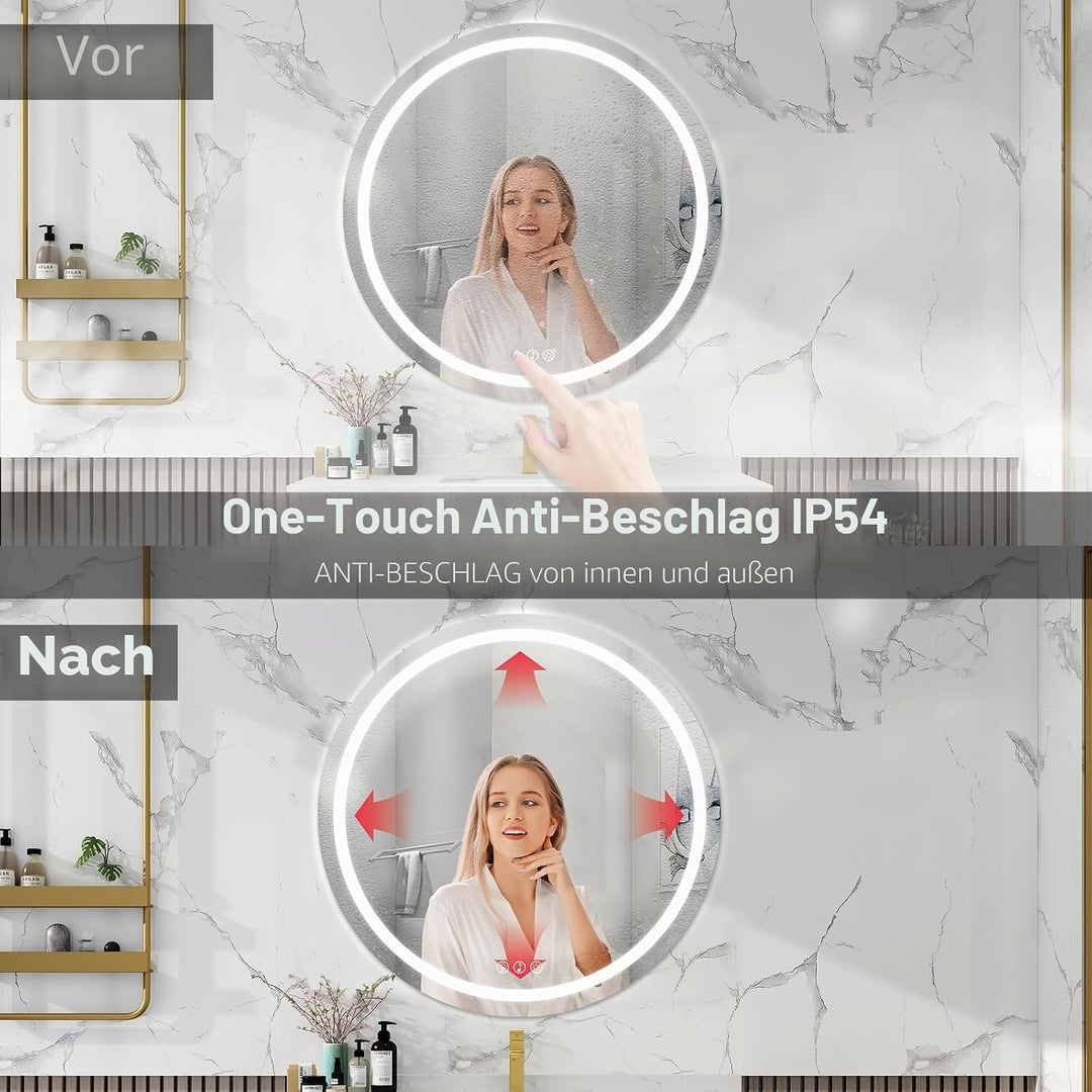 Bluetooth Badezimmerspiegel mit Beleuchtung, 80cm Runder Spiegel mit Beleuchtung, Wandspiegel mit Fr