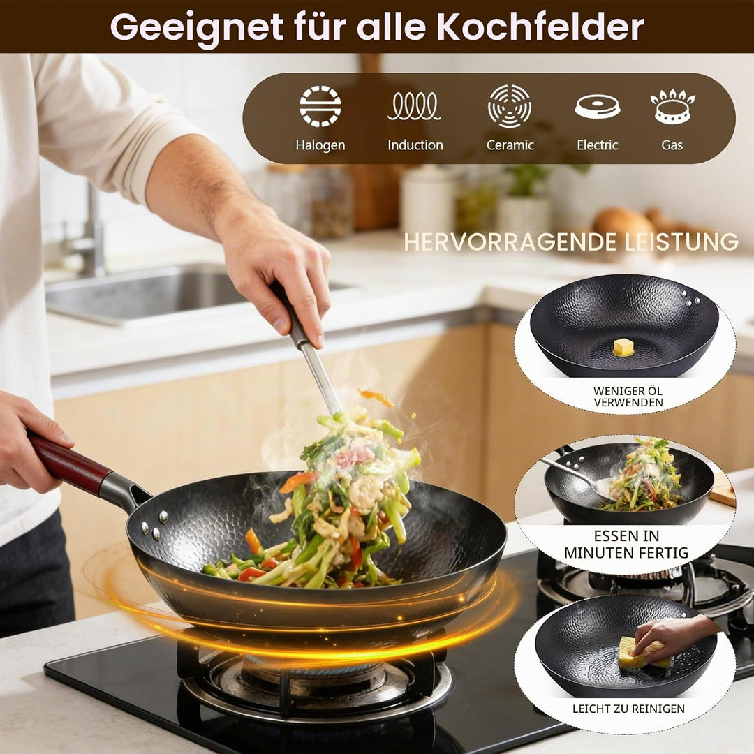 Wok mit Deckel 32 cm, Natürliche Gehämmerten Antihaft Wok aus Kohlenstoffstahl mit Akazienholz Griff