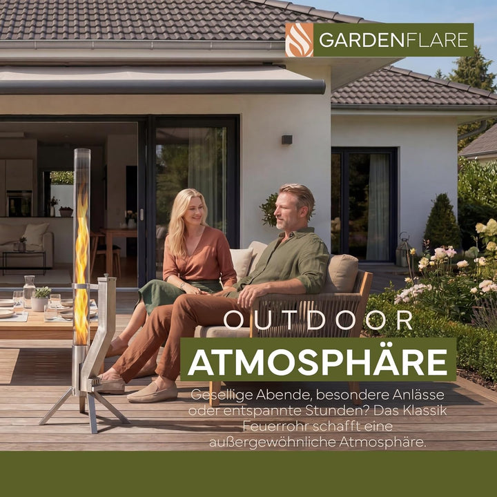 Gardenflare GARDENFLARE Feuerrohr Klassik – Edelstahl Feuersäule und Pelletfackel für Tolles Ambient